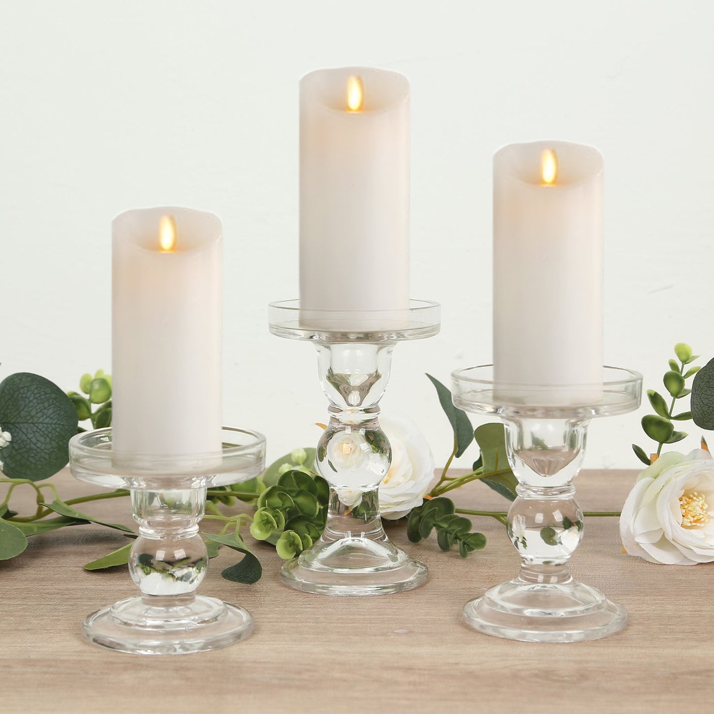 Set of 3 Clear Premium Glass Taper Candle Holders with Round Candle Tray, Crystal Ball Stem Pillar Candlestick Stands Tea Light Holders with Stable Base - 3.5",4.5",5.5"