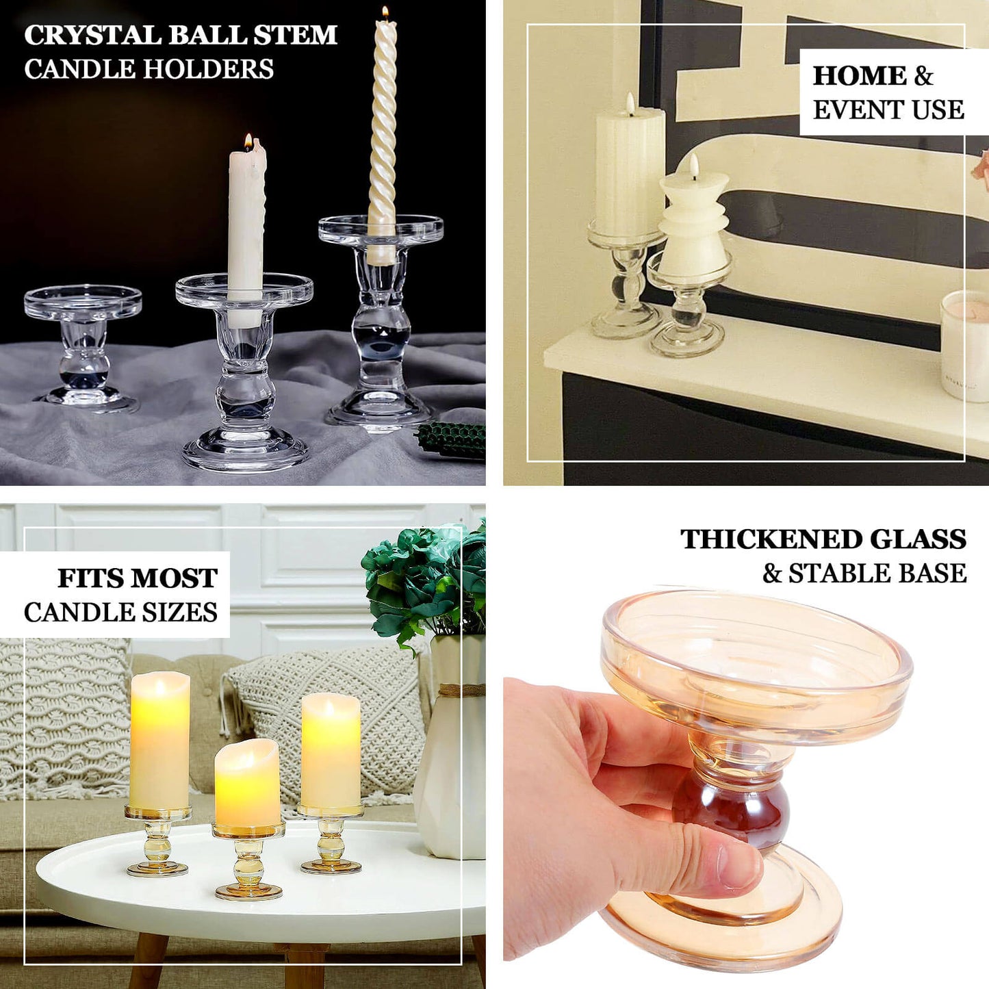 Set of 3 Clear Premium Glass Taper Candle Holders with Round Candle Tray, Crystal Ball Stem Pillar Candlestick Stands Tea Light Holders with Stable Base - 3.5",4.5",5.5"