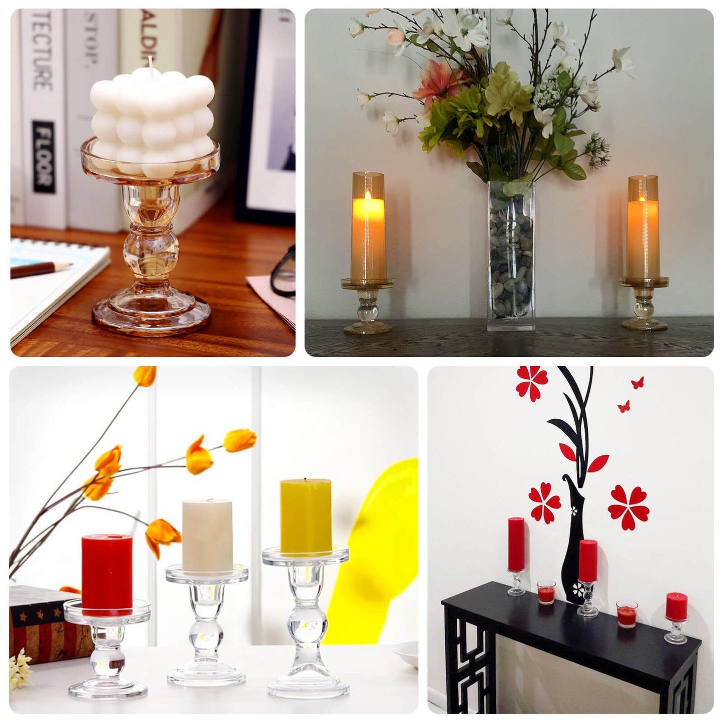 Set of 3 Clear Premium Glass Taper Candle Holders with Round Candle Tray, Crystal Ball Stem Pillar Candlestick Stands Tea Light Holders with Stable Base - 3.5",4.5",5.5"