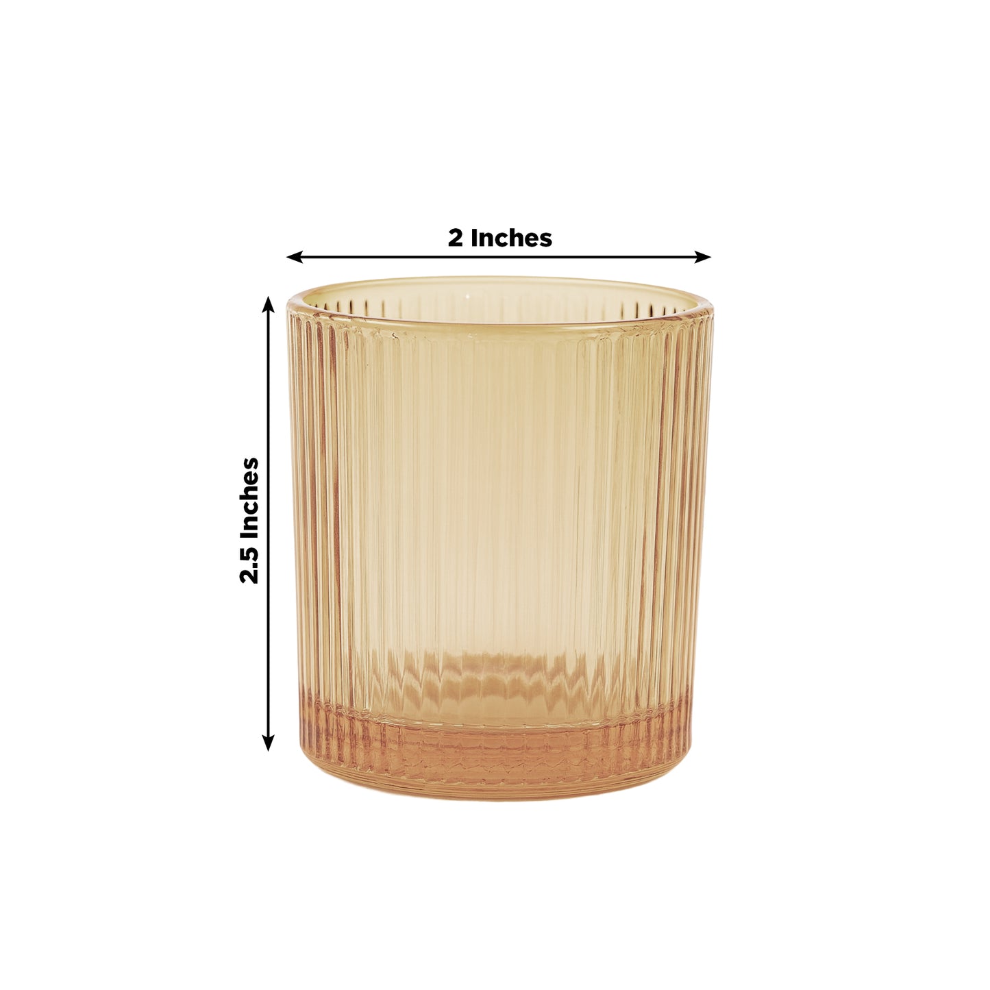 Amber gold ribbed glass votive candle holder, 2.5 inches tall.