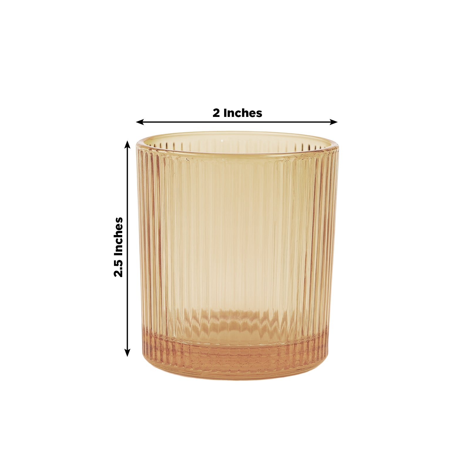 Amber gold ribbed glass votive candle holder, 2.5 inches tall.