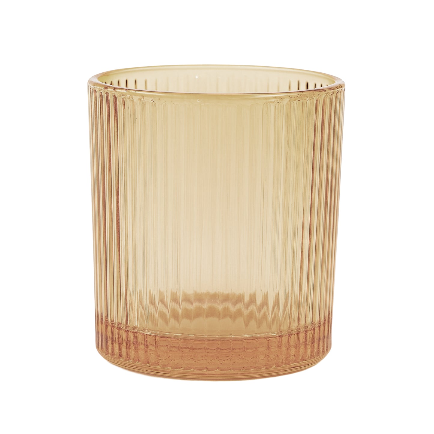 Clear ribbed glass candle holder in amber for table centerpieces.