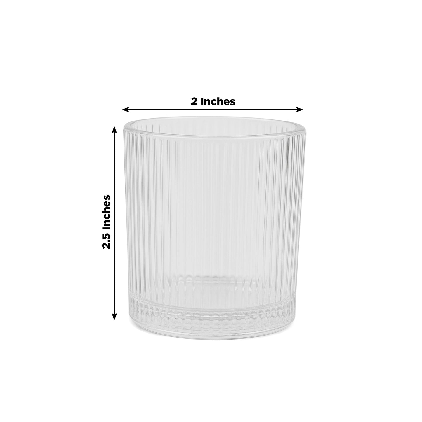 Clear ribbed glass votive candle holder, 2.5 inches tall.