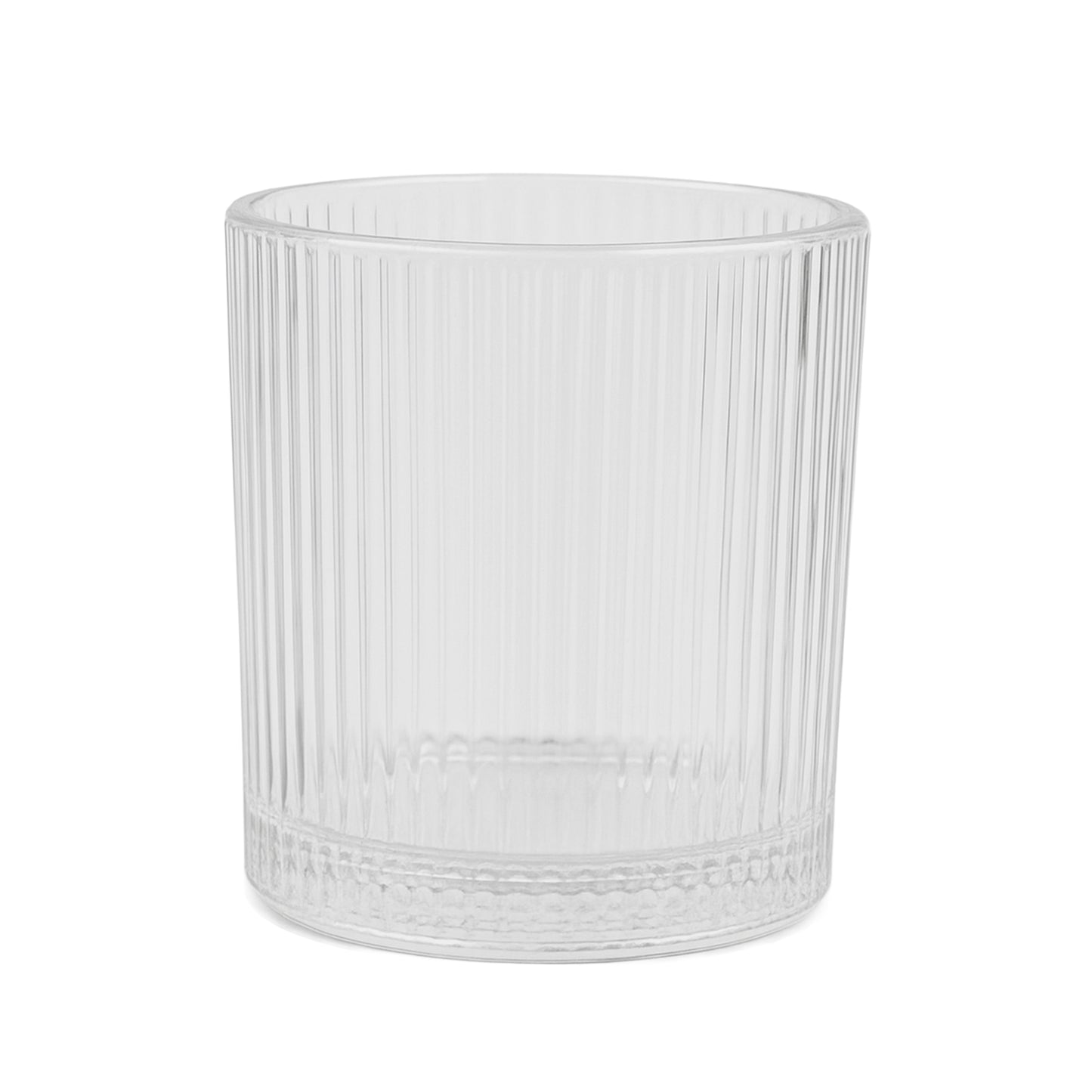 Clear ribbed glass votive candle holder for tealight candles.