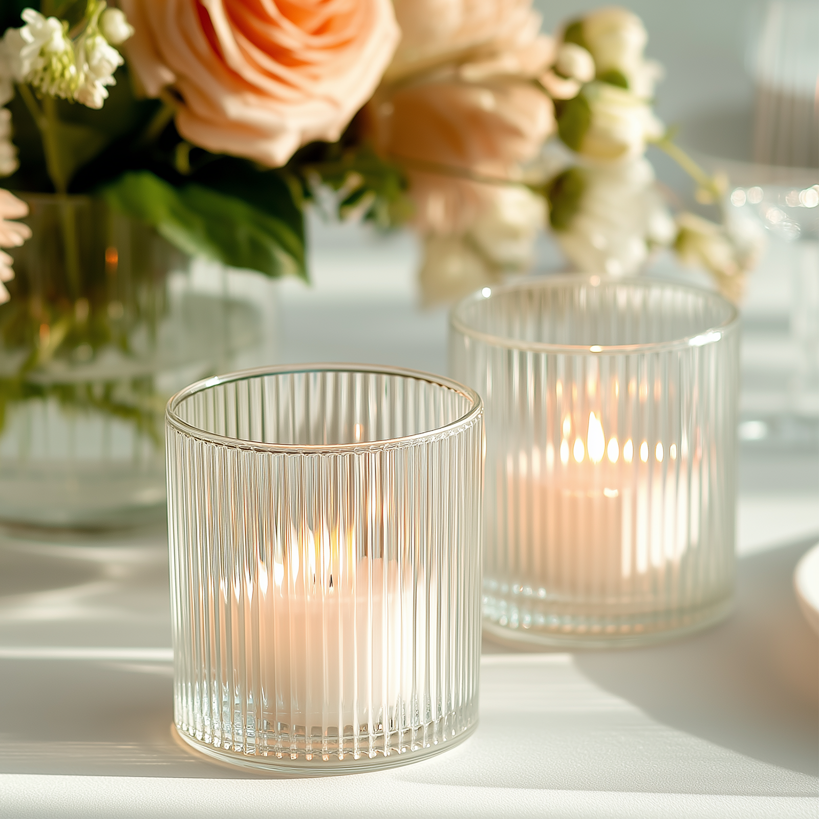 Clear ribbed glass votive candle holders with tealight candles.