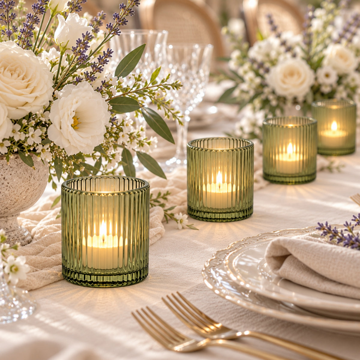 12 Pack Ribbed Glass Votive Candle Holders – Dusty Sage Green, 2.5" Tealight Cups for Tabletop Light