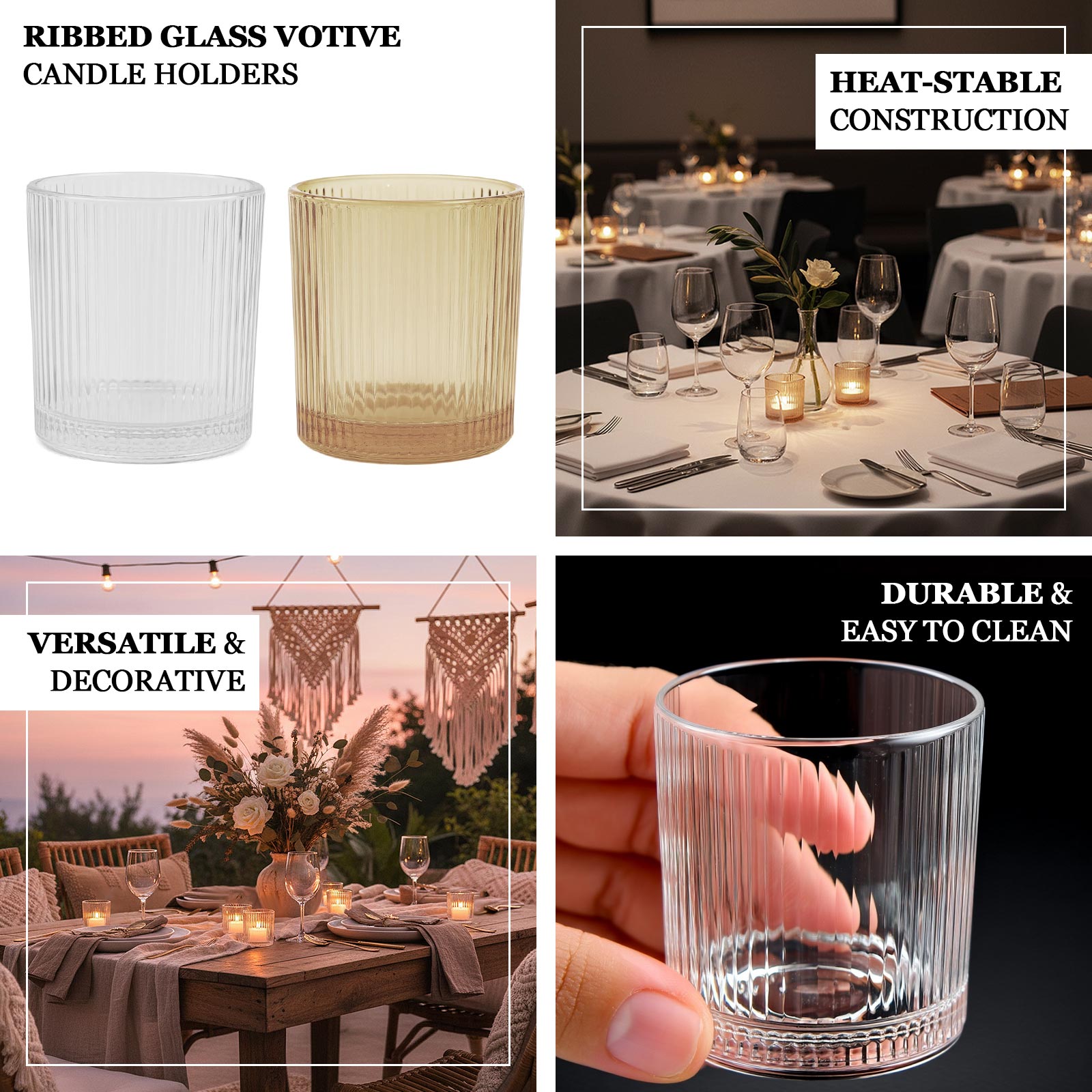 Clear ribbed glass votive candle holders for tabletop lighting.