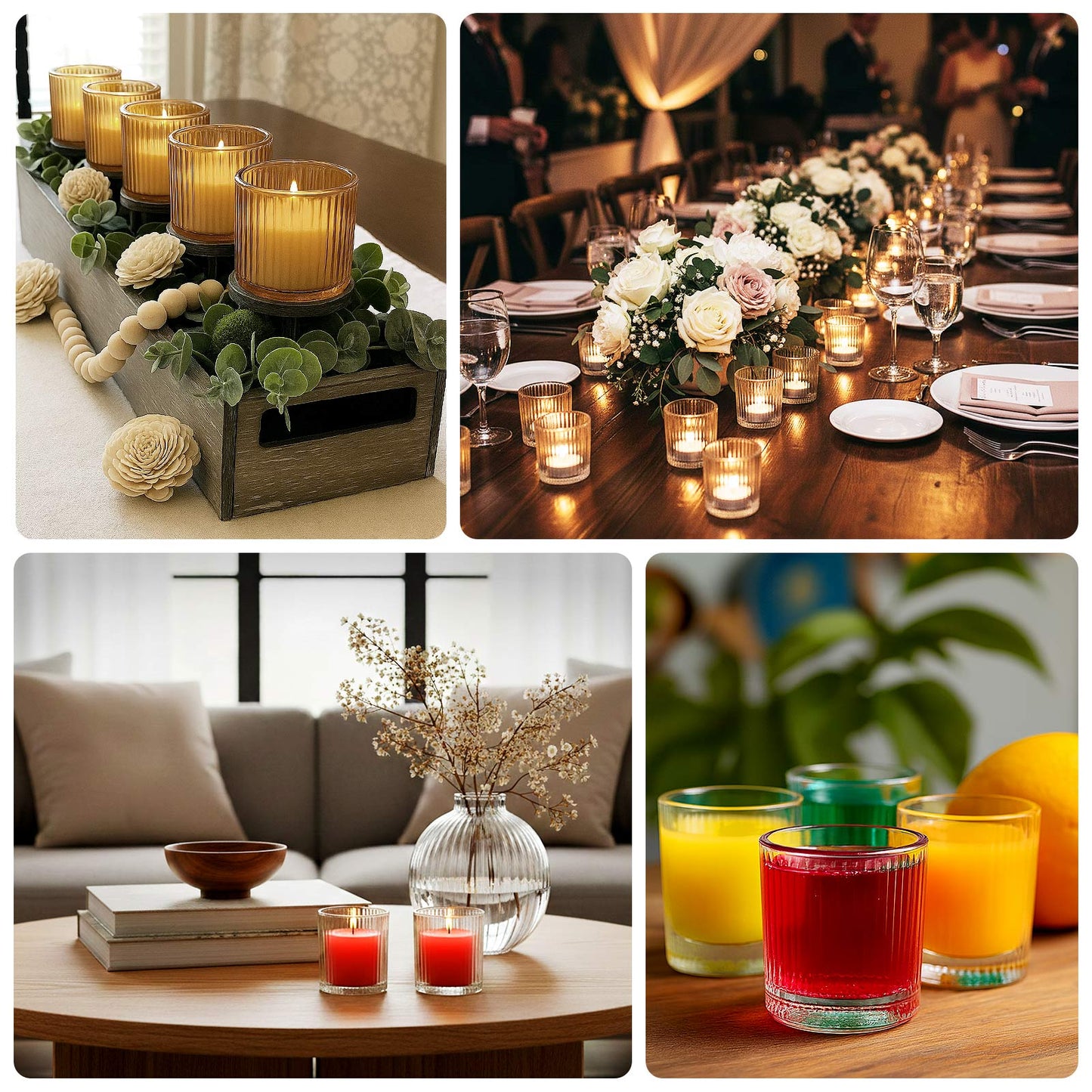 Clear ribbed glass votive candle holders for tabletop lighting.