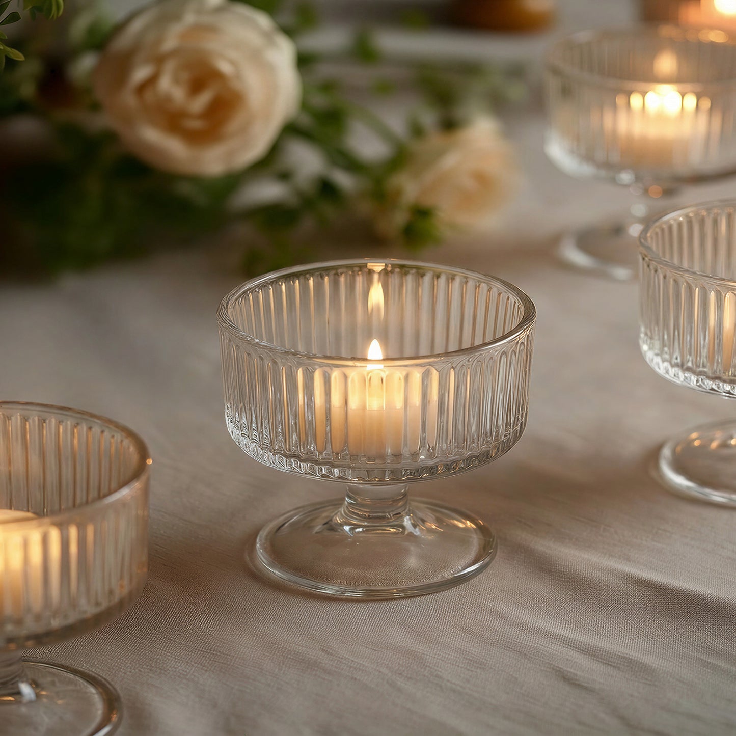 6 Pack 3" Clear Ribbed Glass Candle Holders – Vintage Coupe Pedestal Candle Cups for Floating & LED 