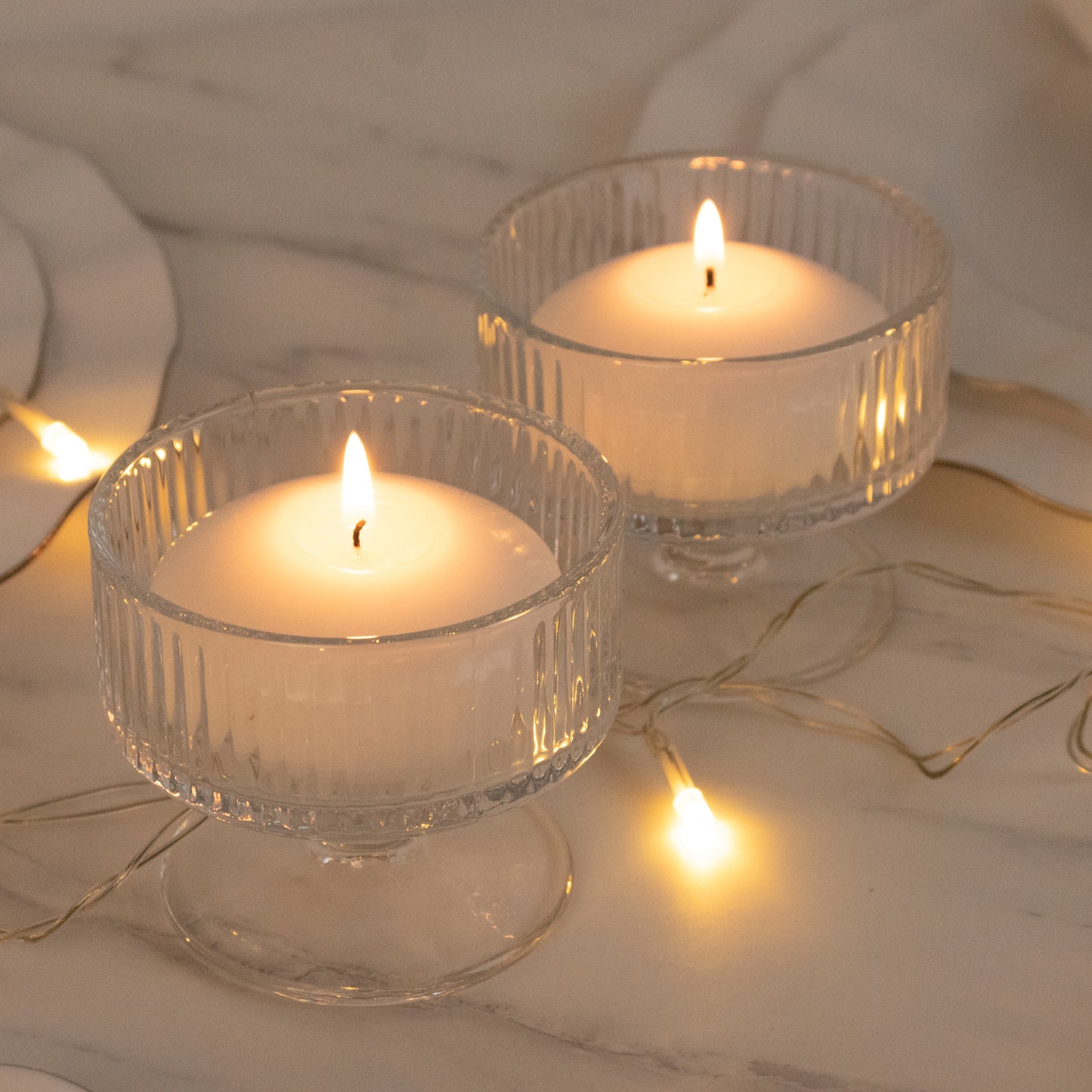 6 Pack 3" Clear Ribbed Glass Candle Holders – Vintage Coupe Pedestal Candle Cups for Floating & LED 