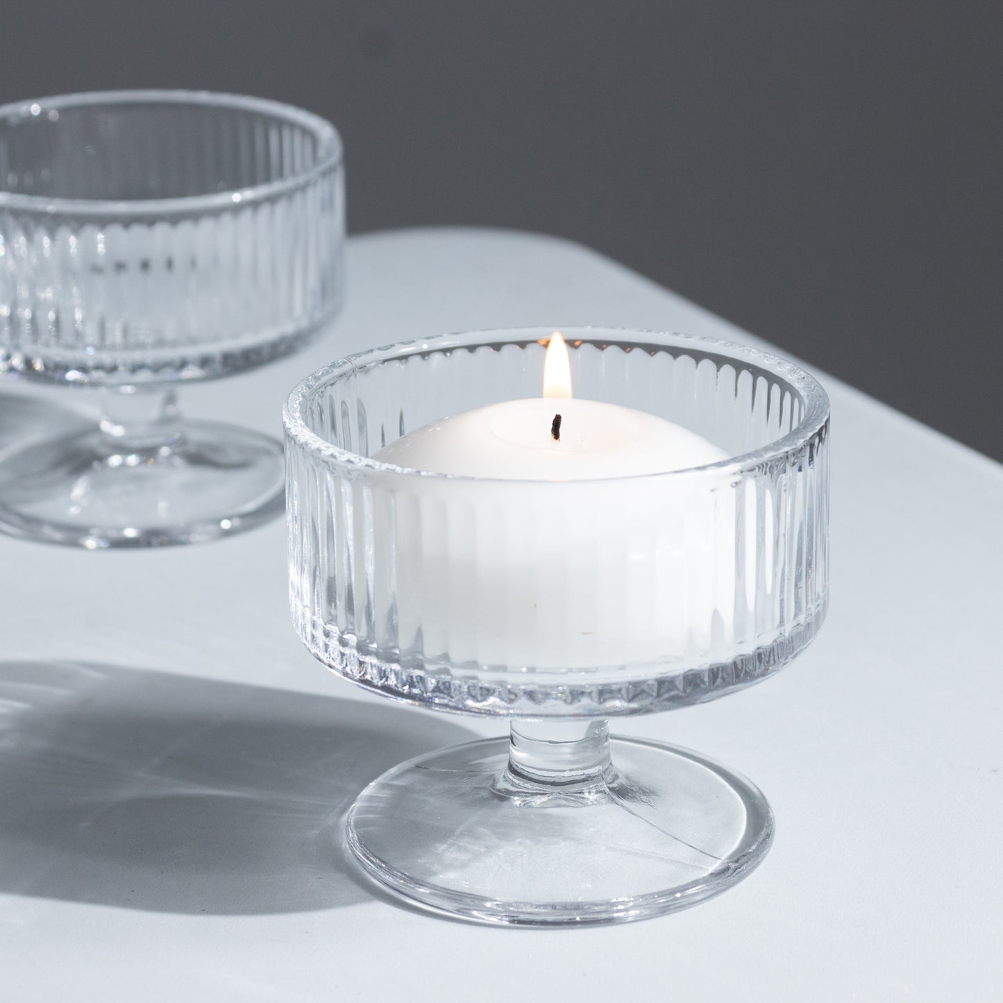 6 Pack 3" Clear Ribbed Glass Candle Holders – Vintage Coupe Pedestal Candle Cups for Floating & LED 