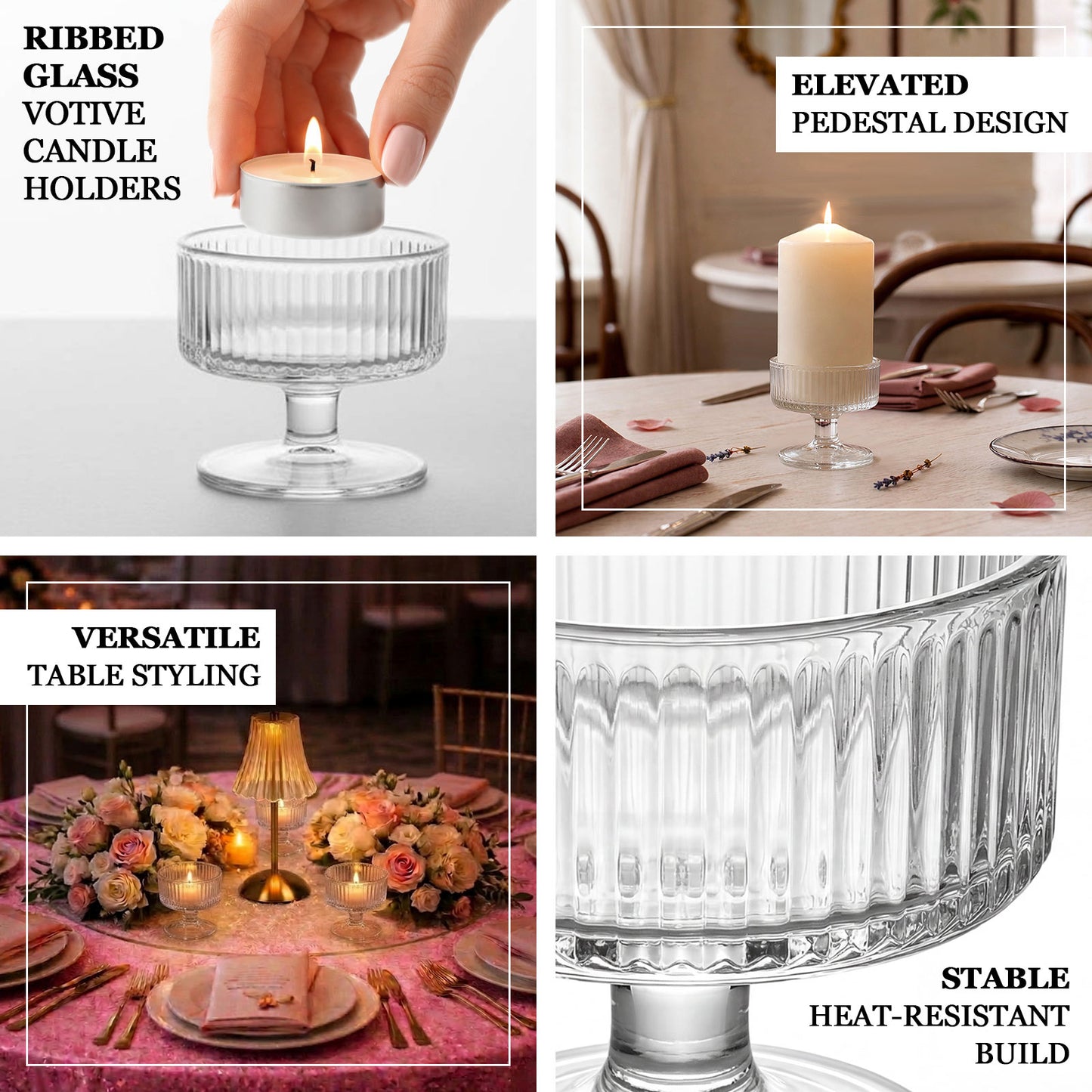 6 Pack 3" Clear Ribbed Glass Candle Holders – Vintage Coupe Pedestal Candle Cups for Floating & LED 