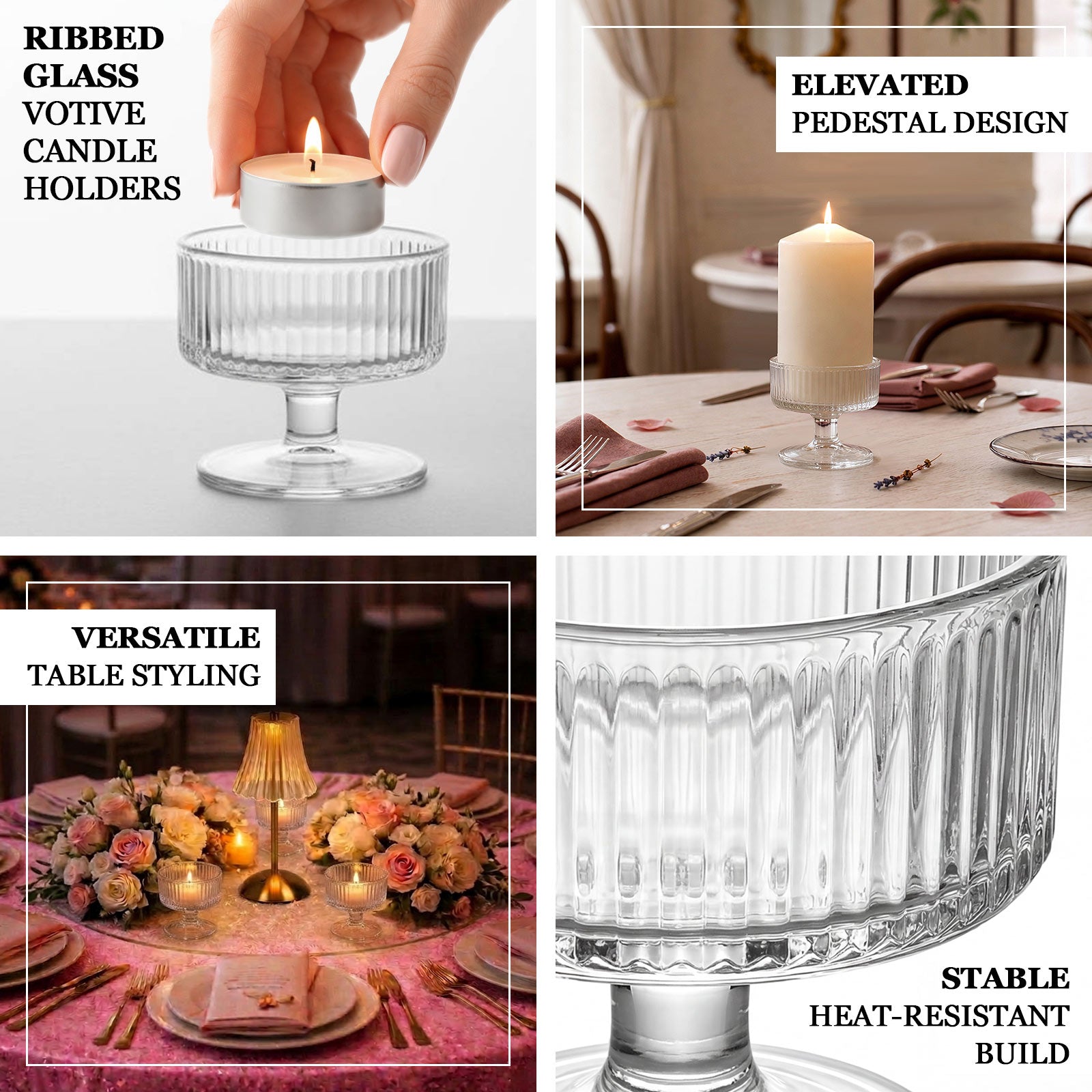 6 Pack 3" Clear Ribbed Glass Candle Holders – Vintage Coupe Pedestal Candle Cups for Floating & LED 