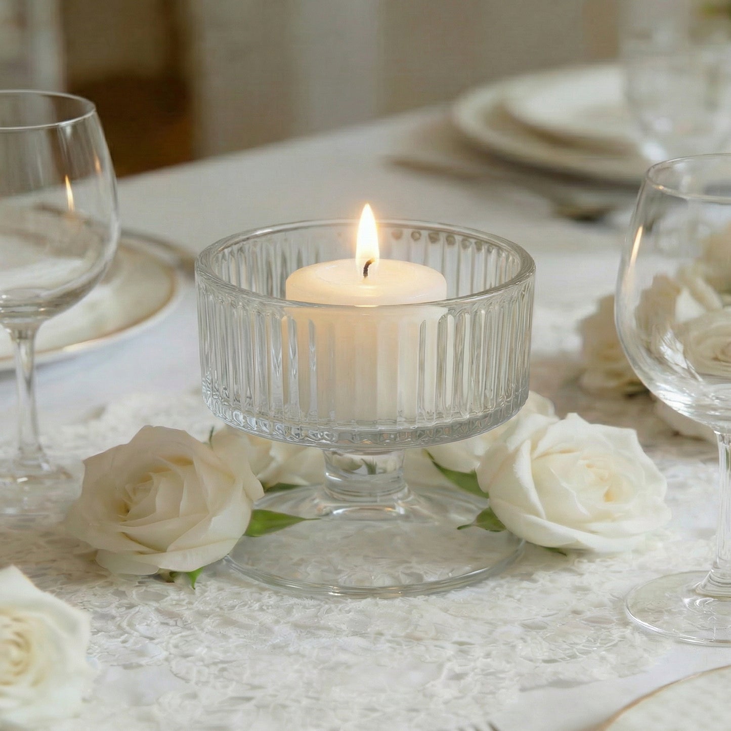 6 Pack 3" Clear Ribbed Glass Candle Holders – Vintage Coupe Pedestal Candle Cups for Floating & LED 