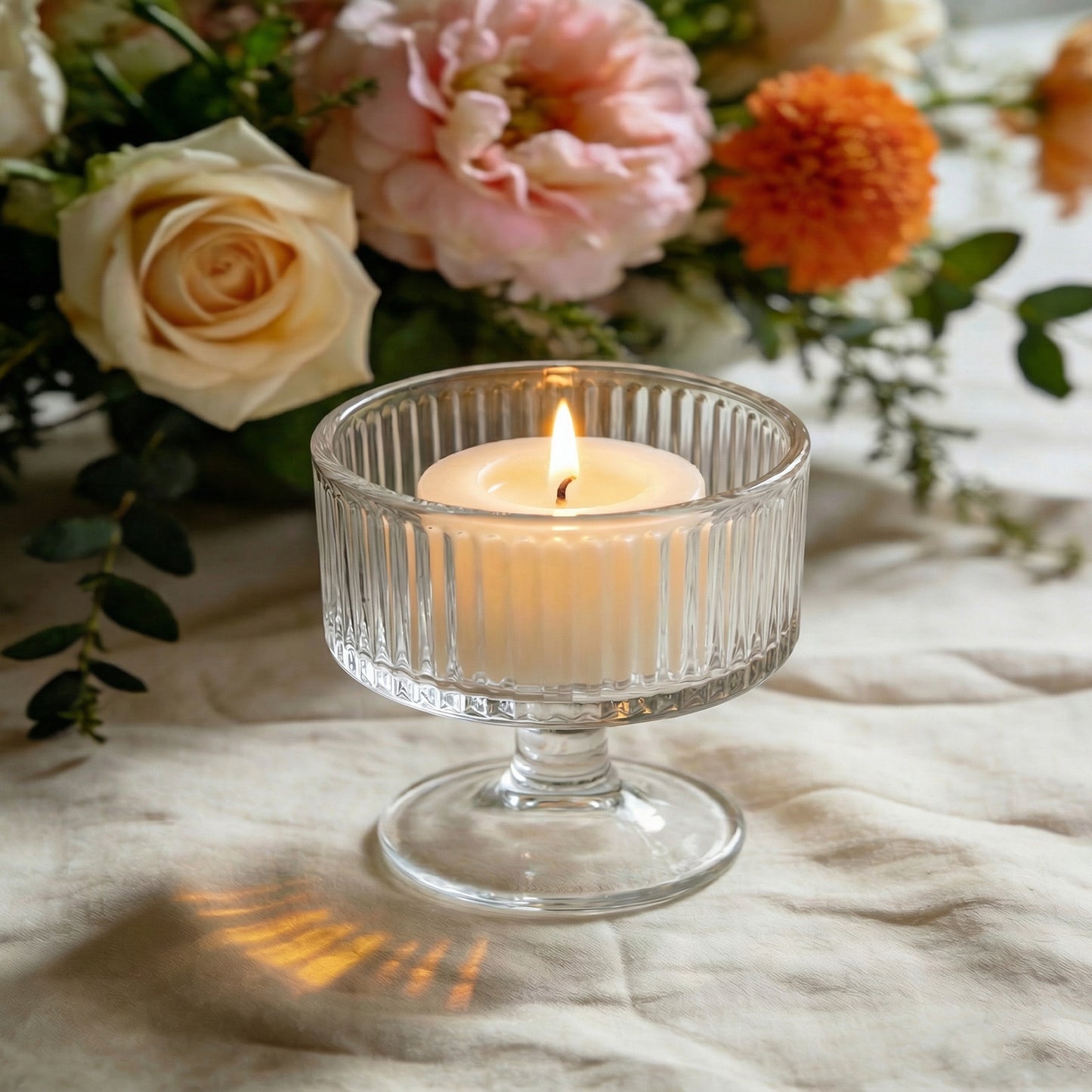 6 Pack 3" Clear Ribbed Glass Candle Holders – Vintage Coupe Pedestal Candle Cups for Floating & LED 