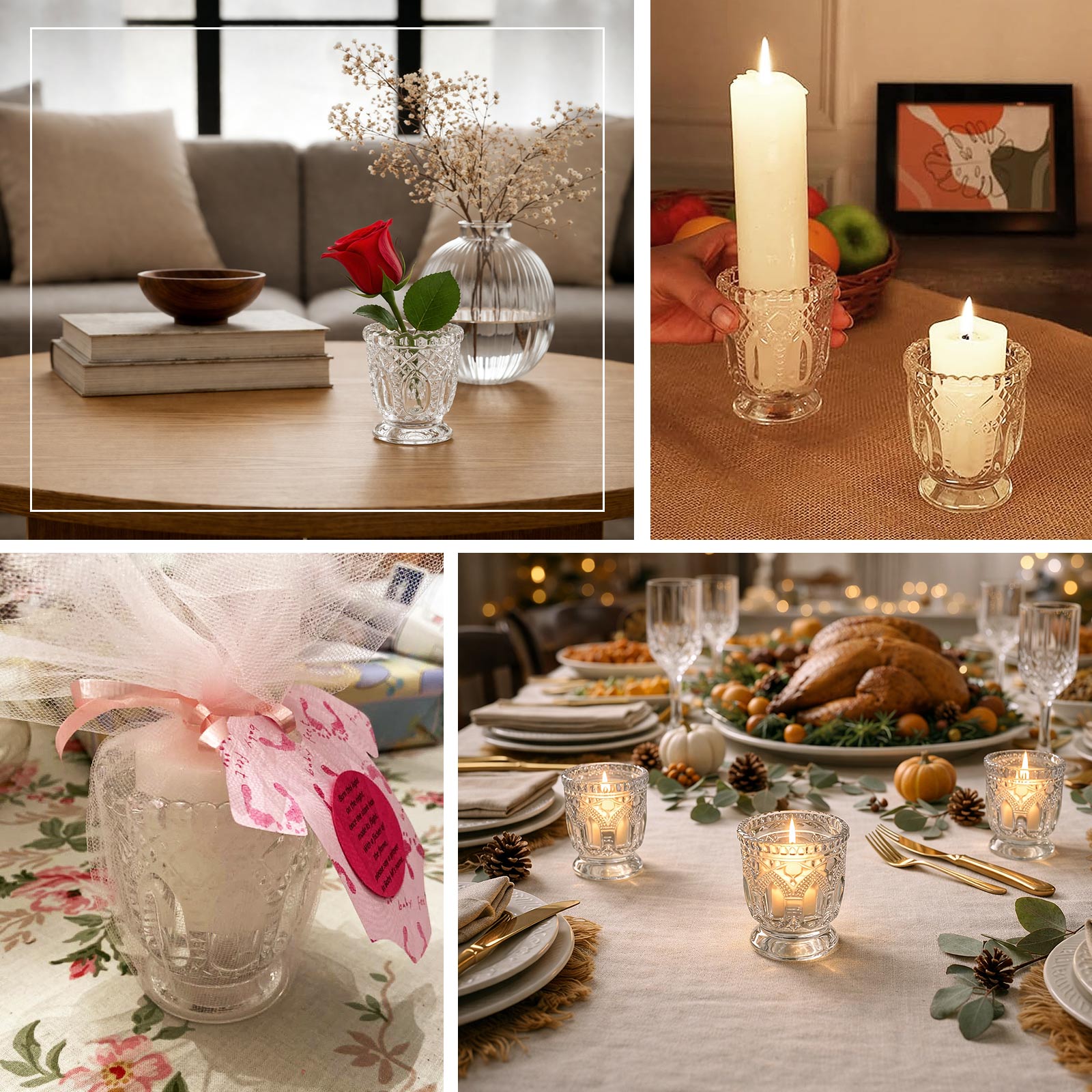 Vintage glass candle holders styled with tealights, flowers, and table décor for warm and elegant ev