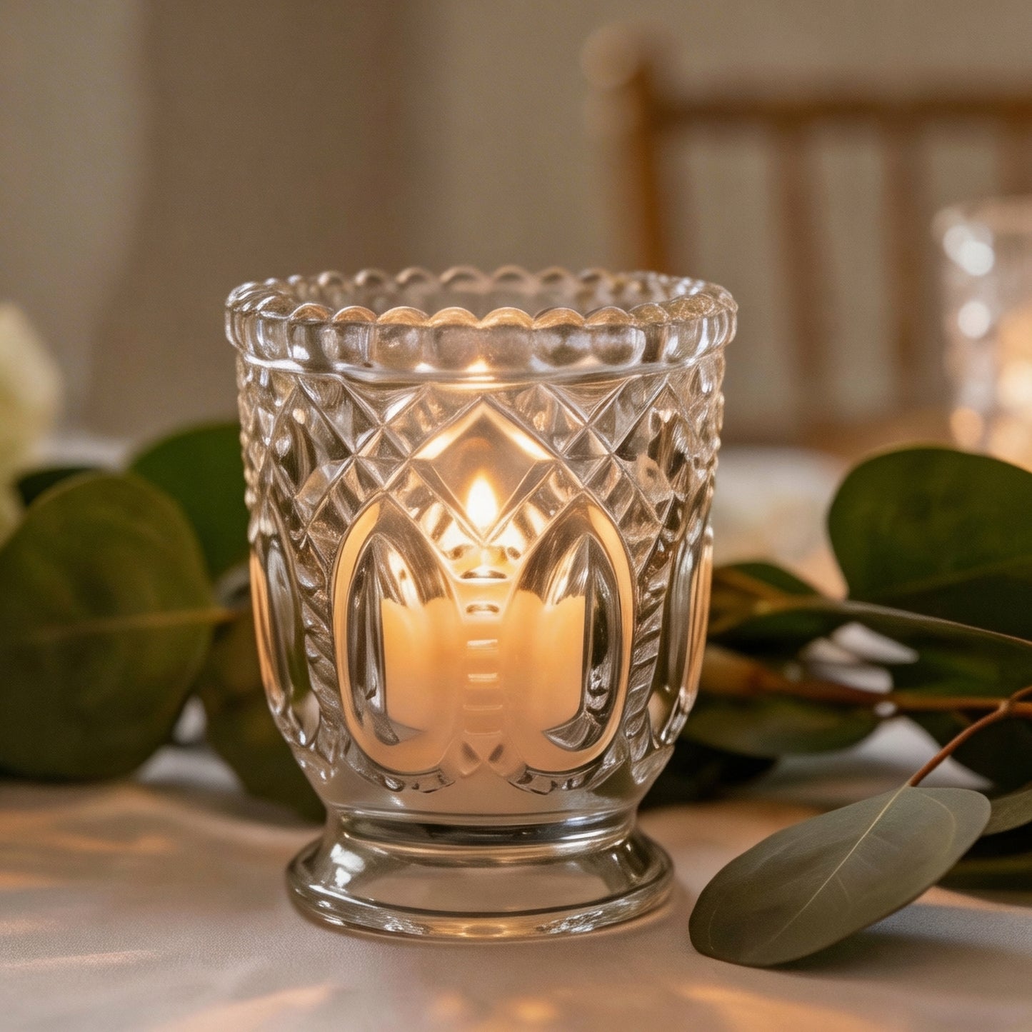 6 Pack 3" Clear Glass Candle Holders – Vintage Textured Decorative Candle Cups for Wedding Table Cen