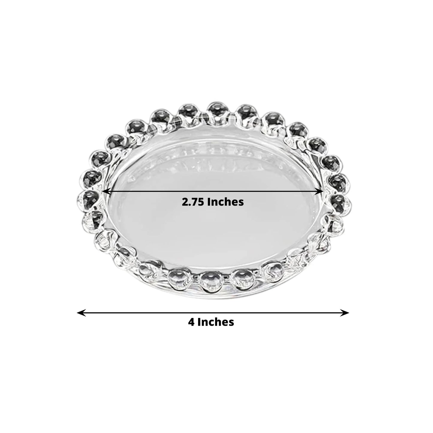 Clear glass candle holder tray with beaded rim, 4 inches round.
