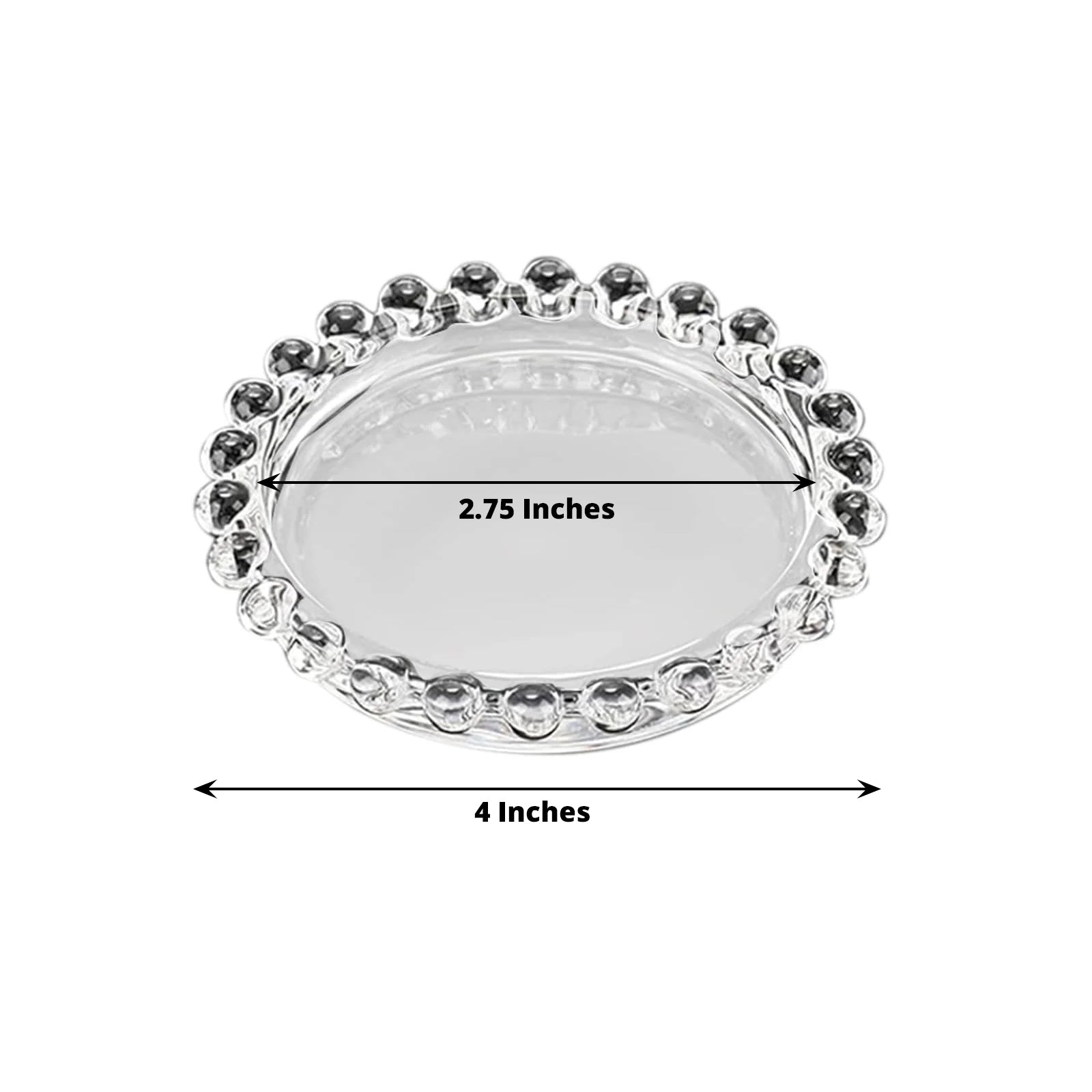 Clear glass candle holder tray with beaded rim, 4 inches round.