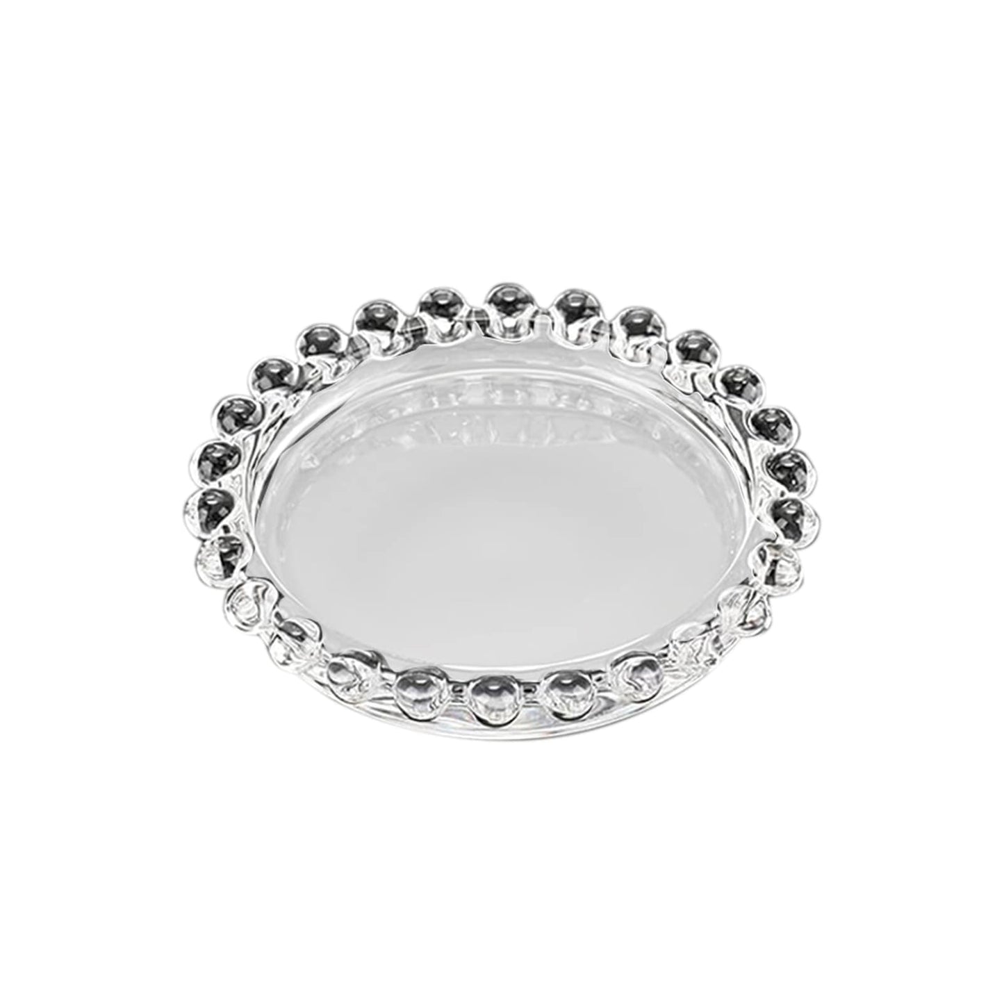 Clear glass candle holder tray with beaded rim, 4 inches in diameter. #whtbkgd