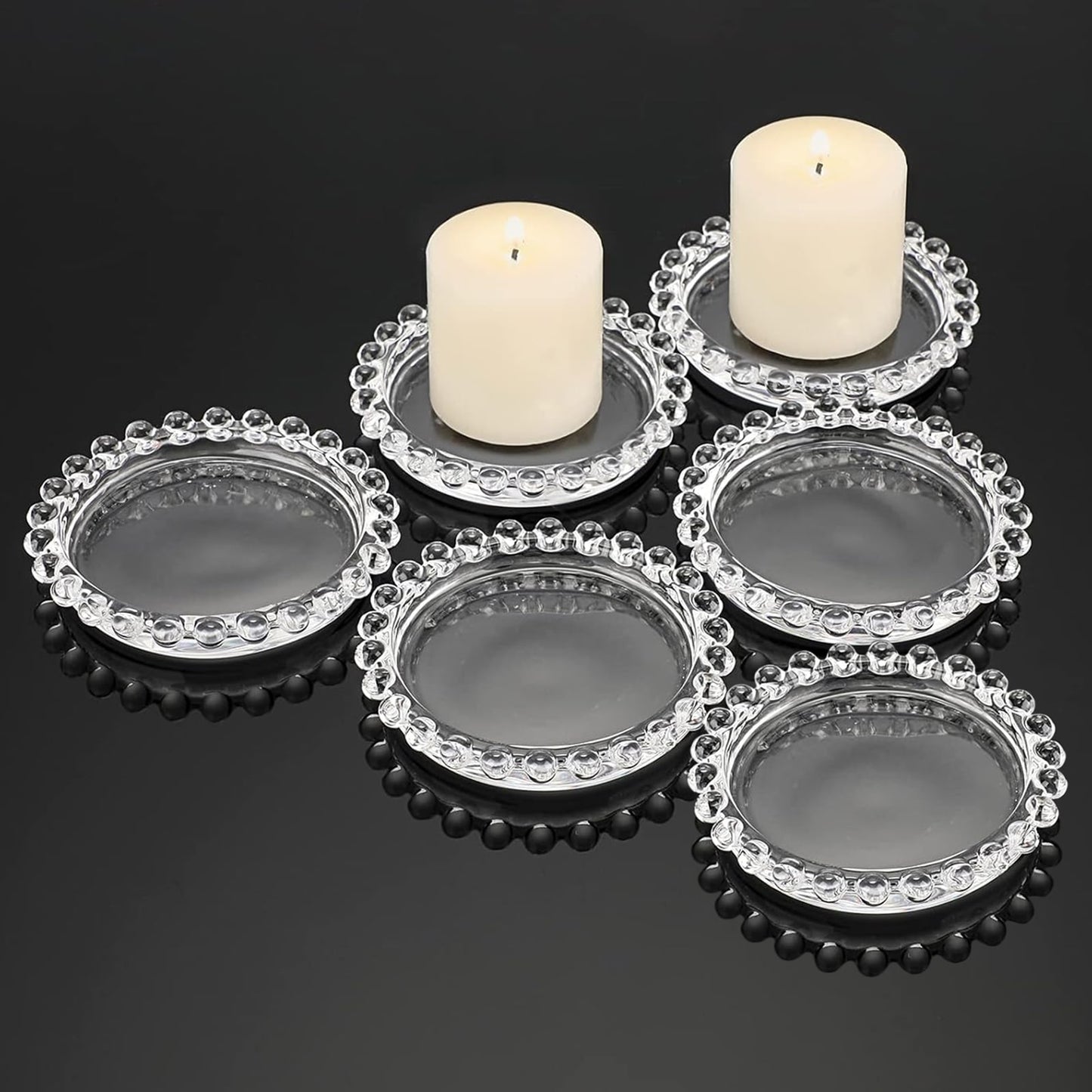 Clear glass candle holder trays with beaded rims, set of 6.