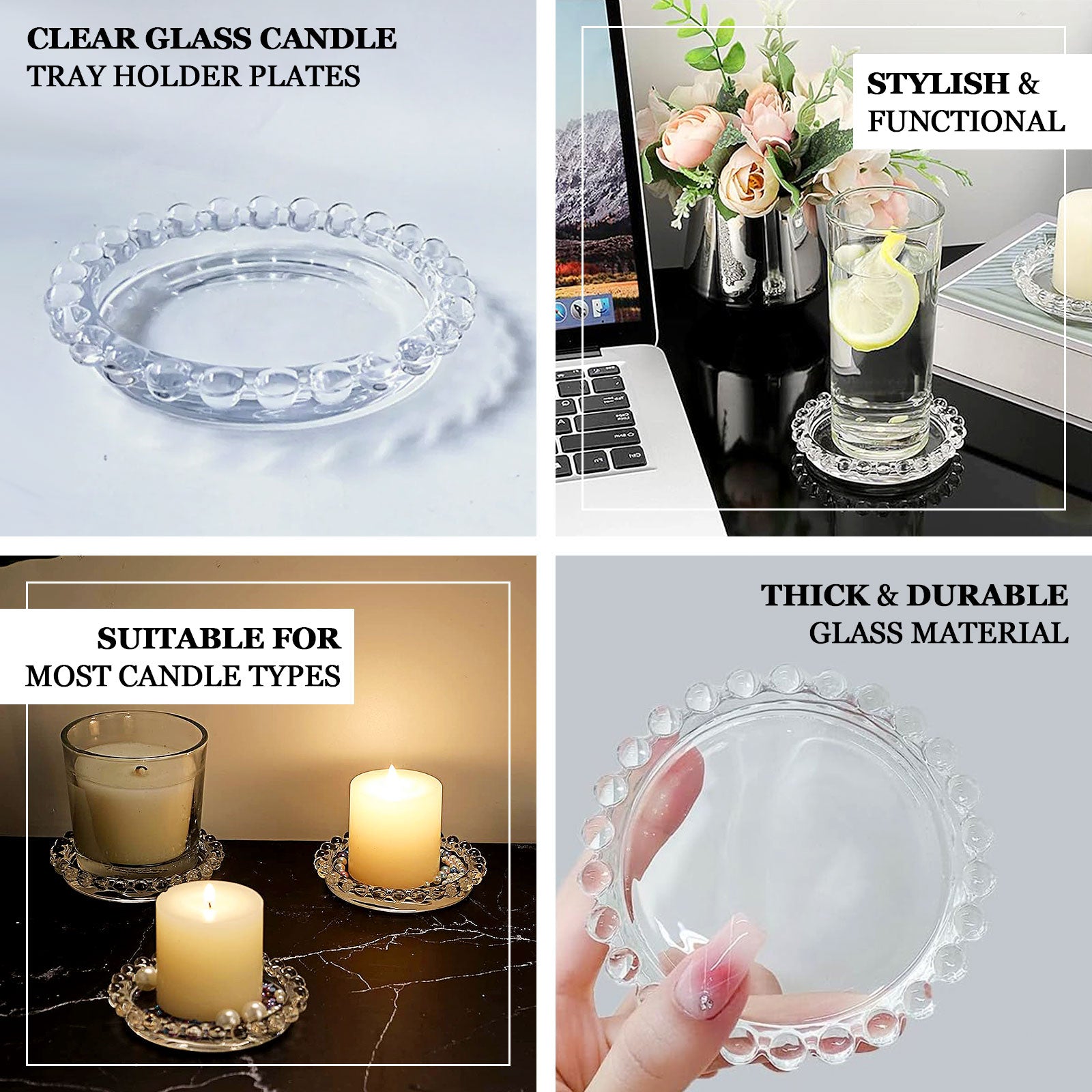 Clear glass pillar candle holder tray with beaded rims, stylish and functional.