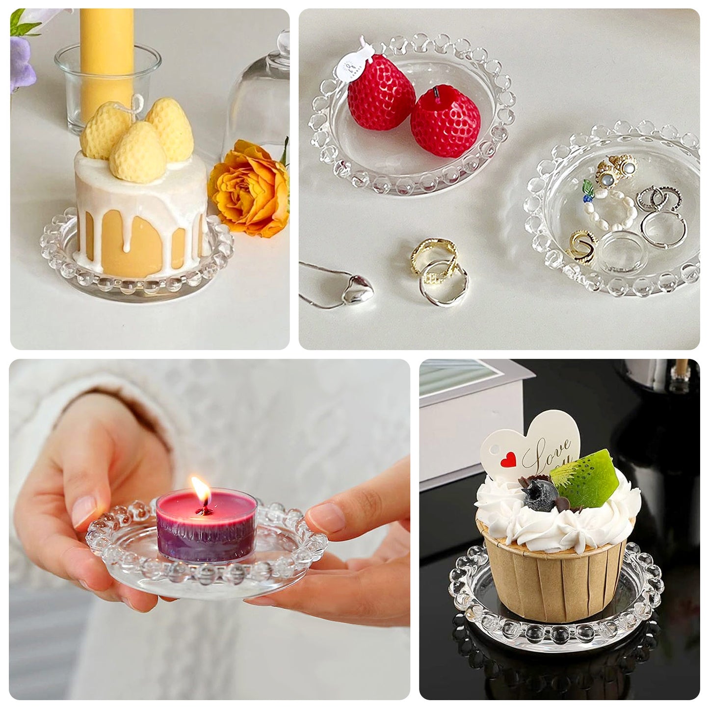 Clear glass pillar candle holder tray with beaded rim, ideal for candles and decorations.