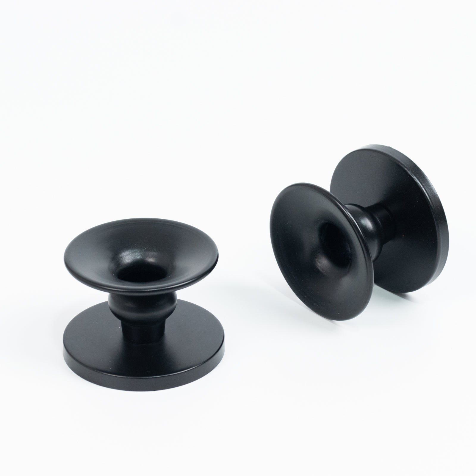Black metal candle holders, reversible pillar and taper stands, set of 6.