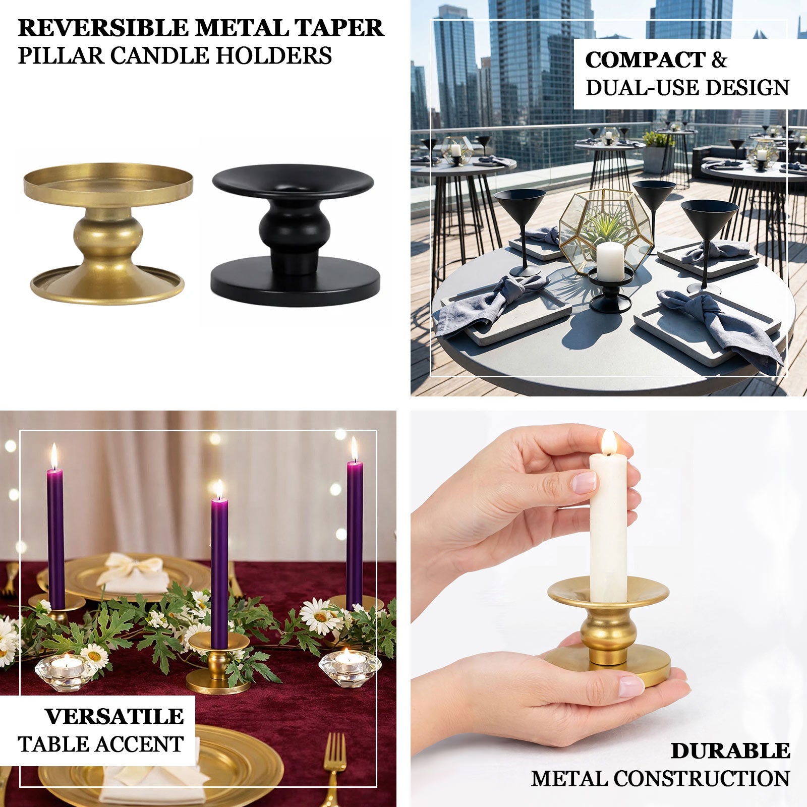 Black metal candle holders, reversible design for versatile table accents.