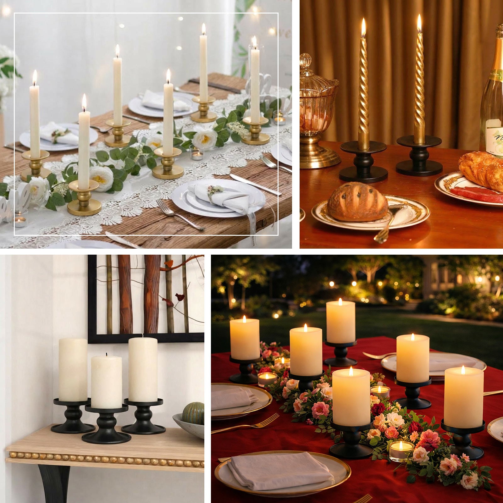 Black metal candle holders for versatile pillar and taper candles.