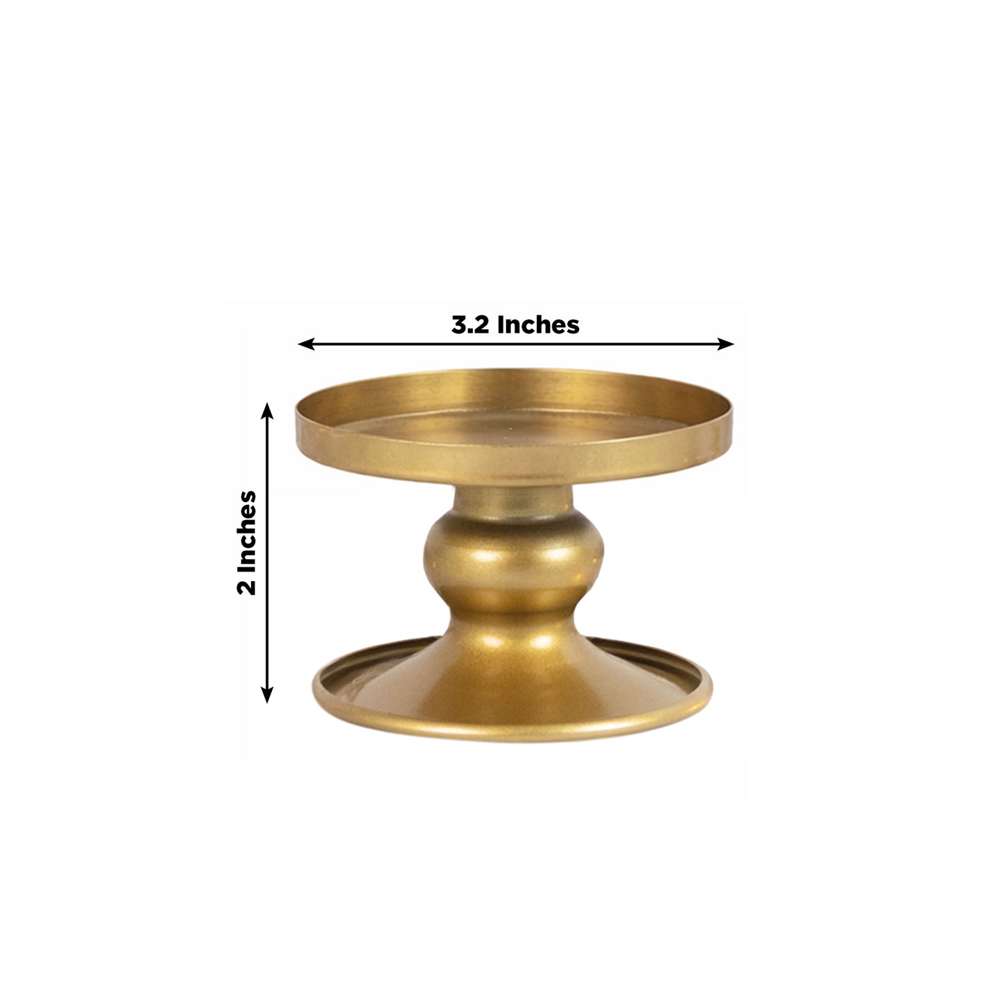 Gold metal candle holder, 2 inches tall, perfect for pillar or taper candles.