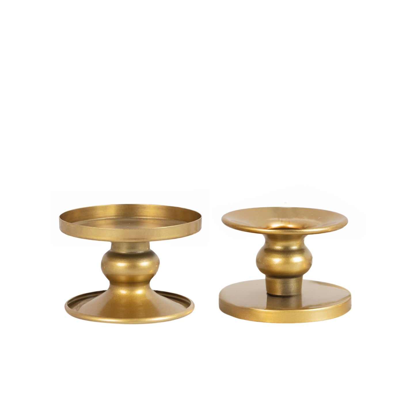 Gold metal candle holders, reversible pillar and taper stands, set of 6.