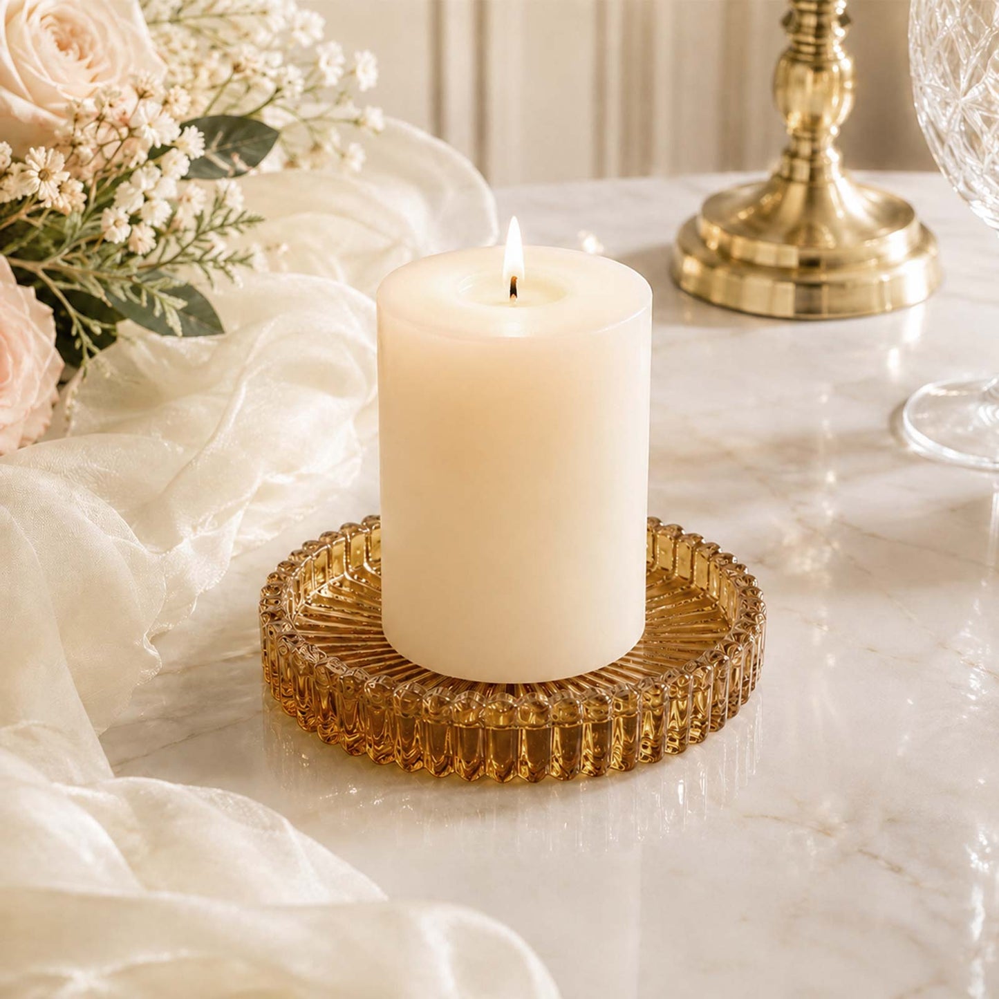 6 Pack Sunburst Glass Pillar Candle Holder Plates, Amber Gold 3.8" Round Trays for LED & Wax Pillar 