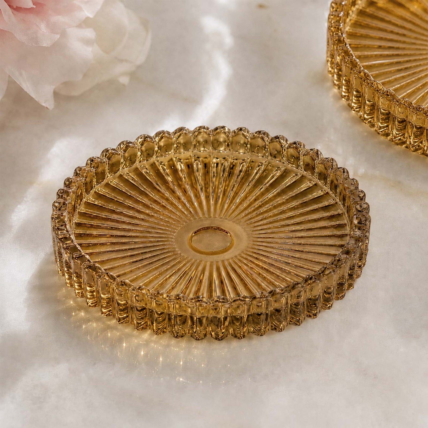 6 Pack Sunburst Glass Pillar Candle Holder Plates, Amber Gold 3.8" Round Trays for LED & Wax Pillar 