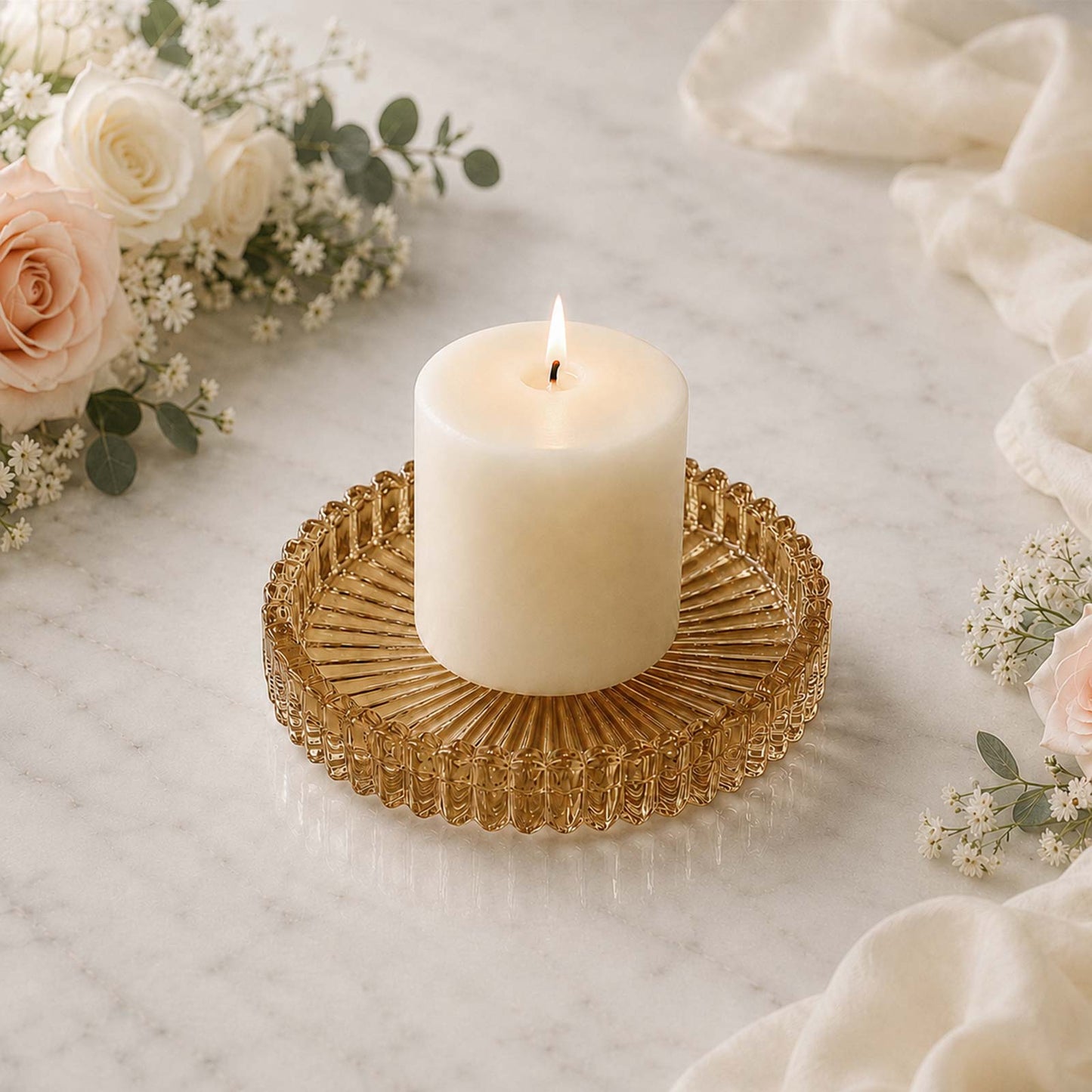 6 Pack Sunburst Glass Pillar Candle Holder Plates, Amber Gold 3.8" Round Trays for LED & Wax Pillar 