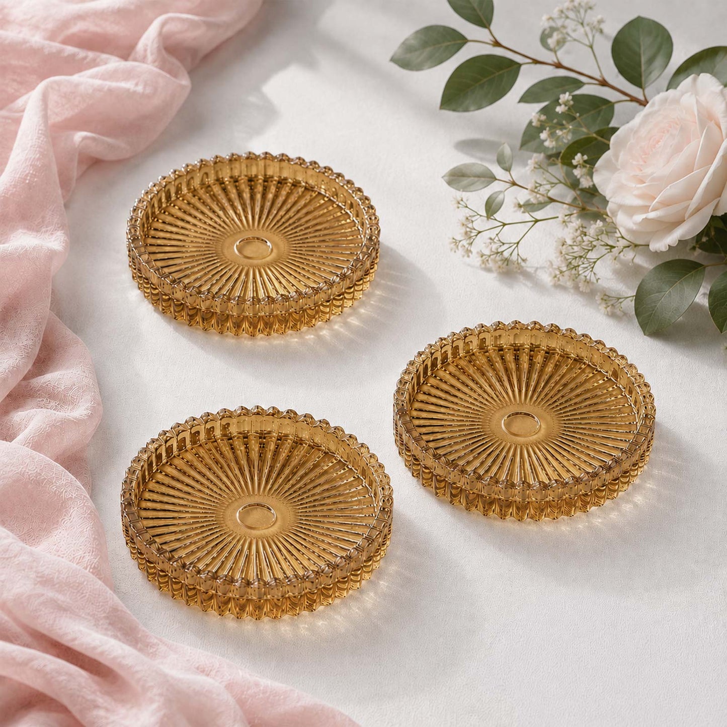 6 Pack Sunburst Glass Pillar Candle Holder Plates, Amber Gold 3.8" Round Trays for LED & Wax Pillar 