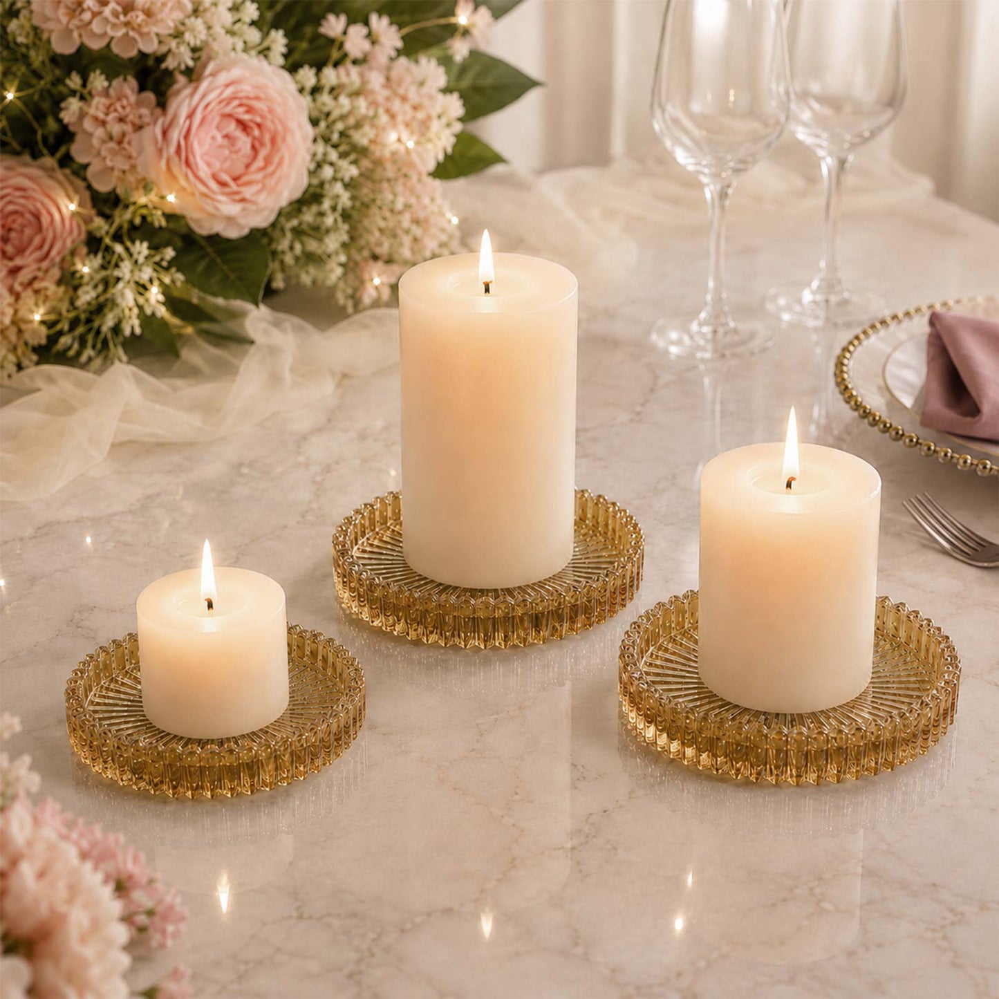 6 Pack Sunburst Glass Pillar Candle Holder Plates, Amber Gold 3.8" Round Trays for LED & Wax Pillar 