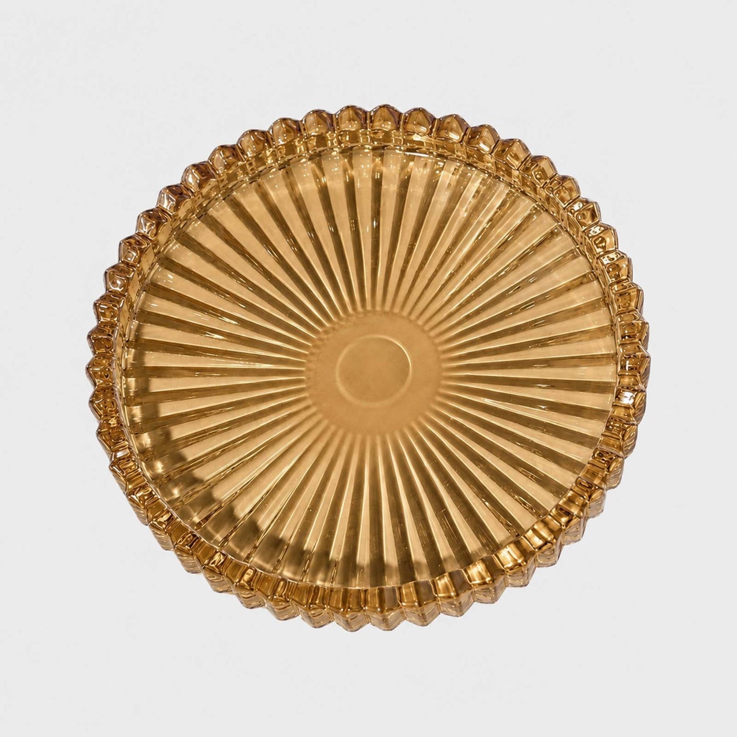 6 Pack Sunburst Glass Pillar Candle Holder Plates, Amber Gold 3.8" Round Trays for LED & Wax Pillar 