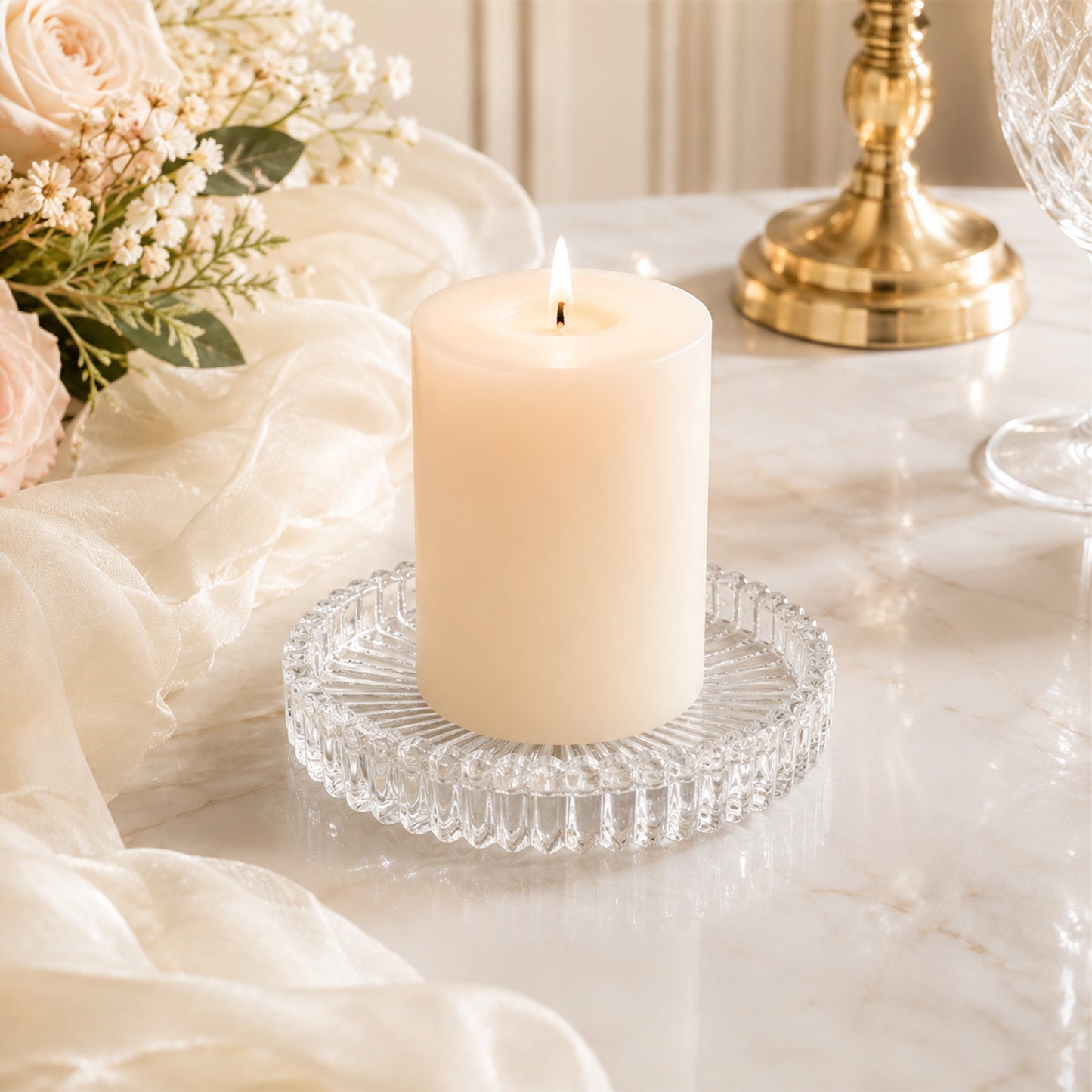 6 Pack Sunburst Glass Pillar Candle Holder Plates, Clear 3.8" Round Trays for LED & Wax Pillar Candl