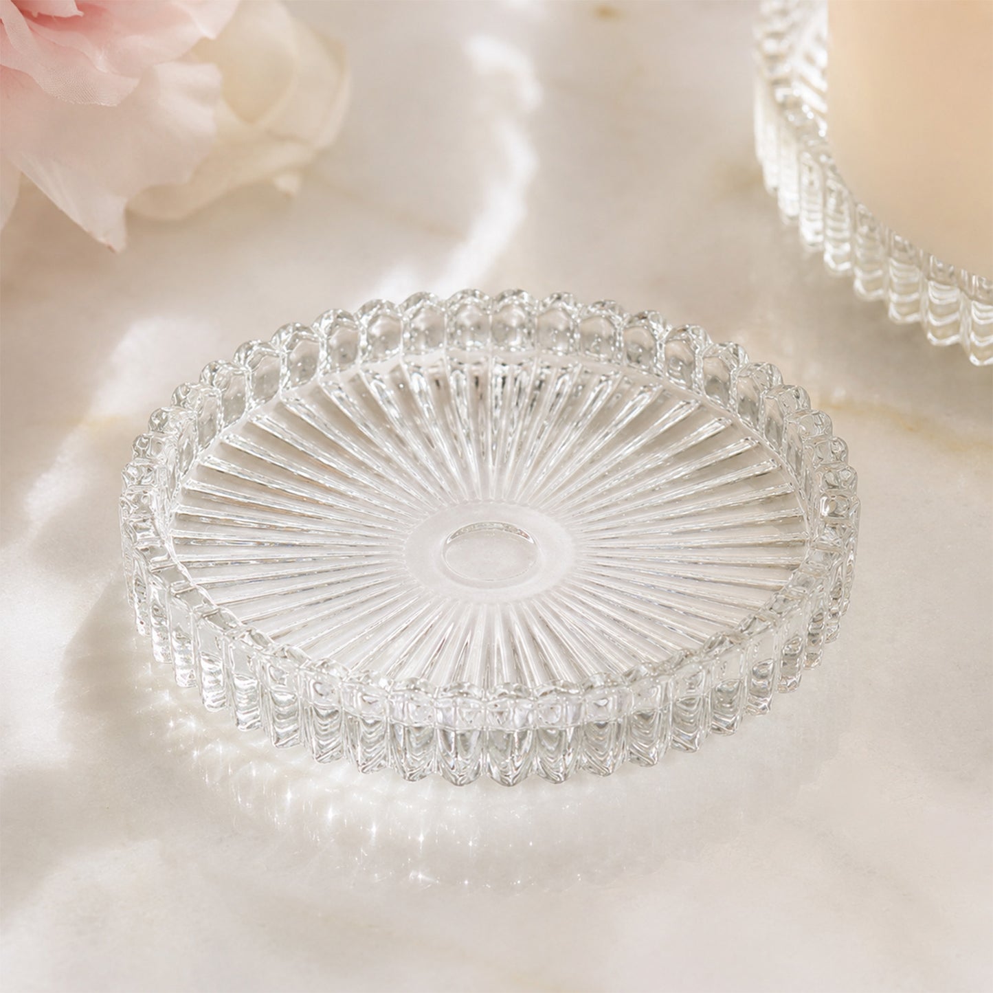 6 Pack Sunburst Glass Pillar Candle Holder Plates, Clear 3.8" Round Trays for LED & Wax Pillar Candl