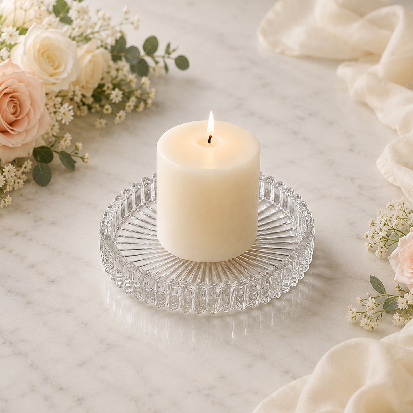 6 Pack Sunburst Glass Pillar Candle Holder Plates, Clear 3.8" Round Trays for LED & Wax Pillar Candl