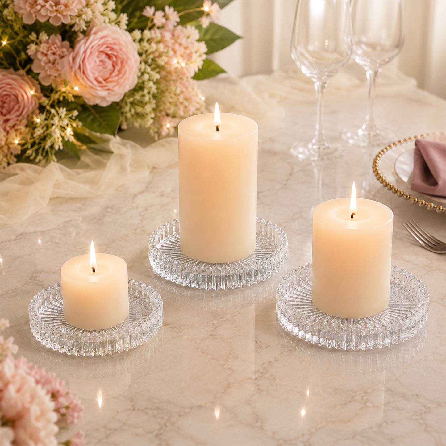 6 Pack Sunburst Glass Pillar Candle Holder Plates, Clear 3.8" Round Trays for LED & Wax Pillar Candl
