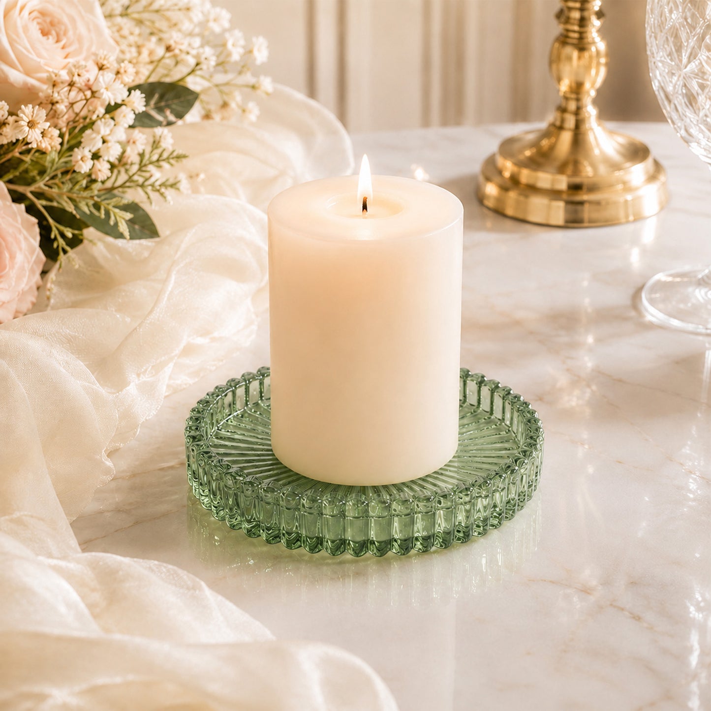 6 Pack Sunburst Glass Pillar Candle Holder Plates, Dusty Sage Green 3.8" Round Trays for LED & Wax P