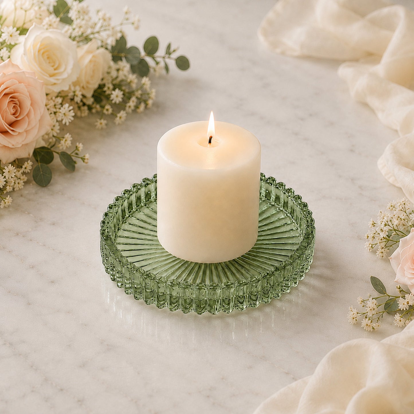 6 Pack Sunburst Glass Pillar Candle Holder Plates, Dusty Sage Green 3.8" Round Trays for LED & Wax P
