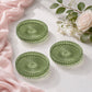 6 Pack Sunburst Glass Pillar Candle Holder Plates, Dusty Sage Green 3.8" Round Trays for LED & Wax P