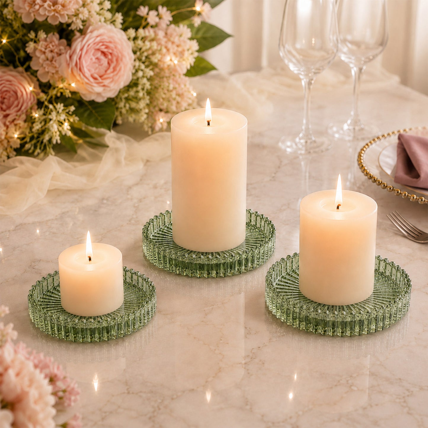 6 Pack Sunburst Glass Pillar Candle Holder Plates, Dusty Sage Green 3.8" Round Trays for LED & Wax P