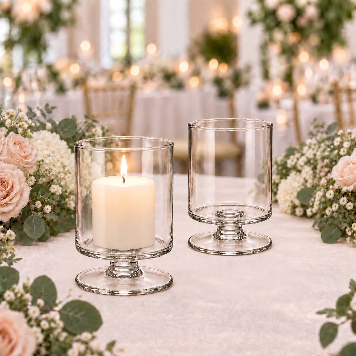 4 Pack Glass Hurricane Candle Holders Clear with Short Stem, 6" Tall for Pillar Candles