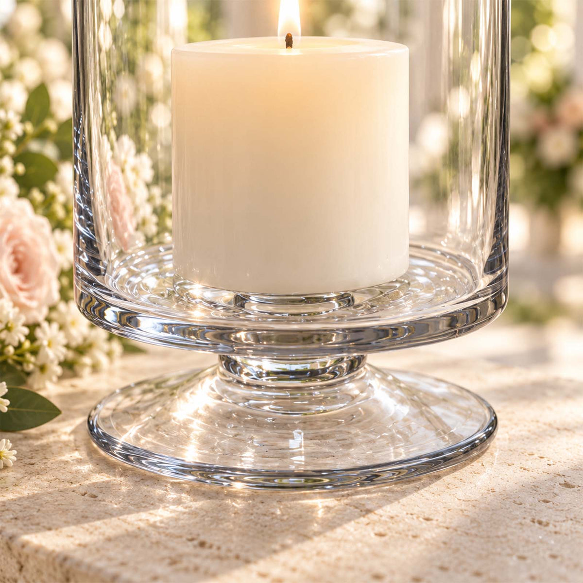 4 Pack Glass Hurricane Candle Holders Clear with Short Stem, 9" Tall for Pillar Candles