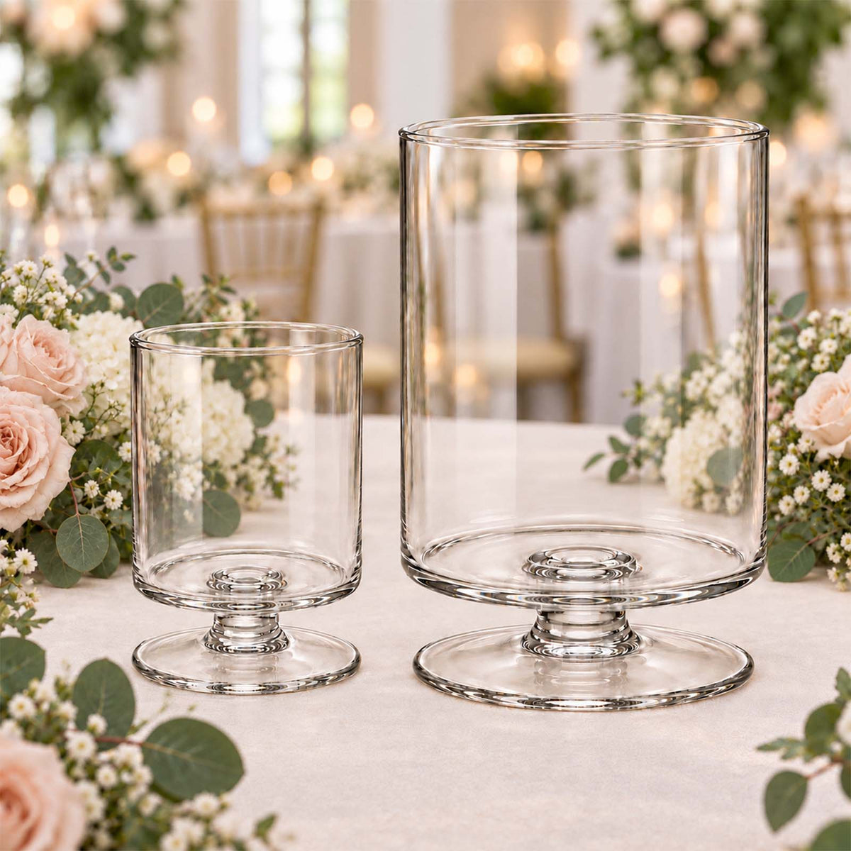 4 Pack Glass Hurricane Candle Holders Clear with Short Stem, 9" Tall for Pillar Candles