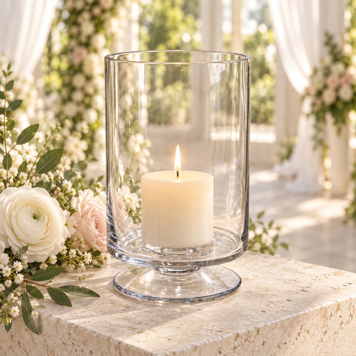 4 Pack Glass Hurricane Candle Holders Clear with Short Stem, 9" Tall for Pillar Candles